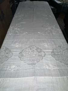 Lovely Antique Handmade Linen Banquet Tablecloth w Filet Lace Roses + Embroidery - Picture 1 of 16