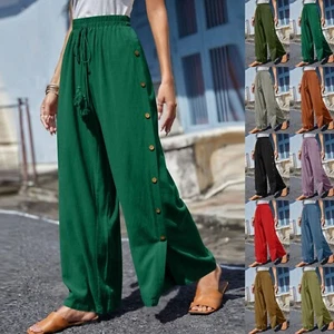 Women High Waist Casual Pants Solid Elastic Waist Button Wide Leg Pants Trousers - Picture 1 of 54