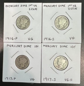 1916-1917 | P&S | Mercury Silver Dimes | 10c | US Coin | Four-Coin Set | Set #1 - Picture 1 of 9