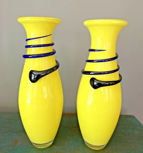 ABSTRACT MODERN PAIR of HANDBLOWN YELLOW BLUE SWIRL ART GLASS VASES 12" HIGH - Picture 1 of 13