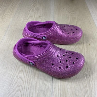 Crocs Sparkle Glitter Lined Fuzzy Classic Clog Shoes Size J5 - Image 1 of 4