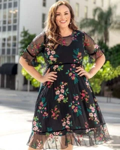 Kiyonna Dress Wildflower Style 3X Embroidered Flowers Velvet Trim Black Feminine - Picture 1 of 11