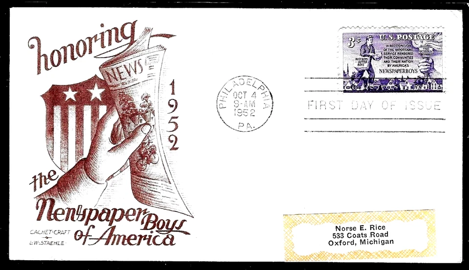 1015 3c Stamp (1952) THE NEWSPAPER BOYS & GIRLS FDC - CACHET CRAFT & L W STAEHLE - Image 1 of 1