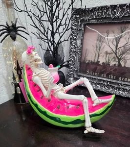 Halloween SUMMERWEEN Skeleton Sitting on Watermelon Holding Drink Statue - Picture 1 of 6