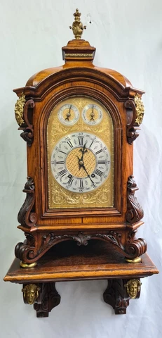 Large Antique German W&H Oak and Brass mount Bracket Clock with Bracket Cover