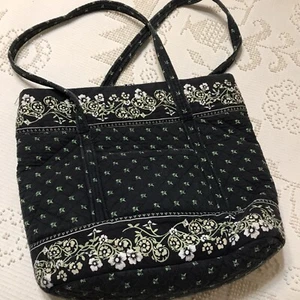 Große Beuteltasche dunkelblau mit weiß & grün Blumen Baumwolle Seitentaschen innen & außen - Bild 1 von 10