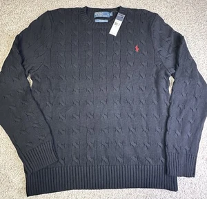 Polo Ralph Lauren Men’s XL Black Cable Knit Sweater Soft Red Pony - NEW - Picture 1 of 9