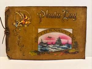 Álbum de fotos de la Segunda Guerra Mundial de la Marina de los Estados Unidos - Cubierta de gamuza + Certificado Neptunus Rex De colección - Imagen 1 de 8