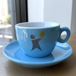 Inker Porcelain Cappuccino Cup & Saucer Plate Blue Figurine Holding Fire Flame - Picture 1 of 9