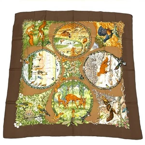 HERMES Scarf Carre 90cm LES QUATRE SAISONS 100% Silk Brown Green Multi R0309 - Picture 1 of 7