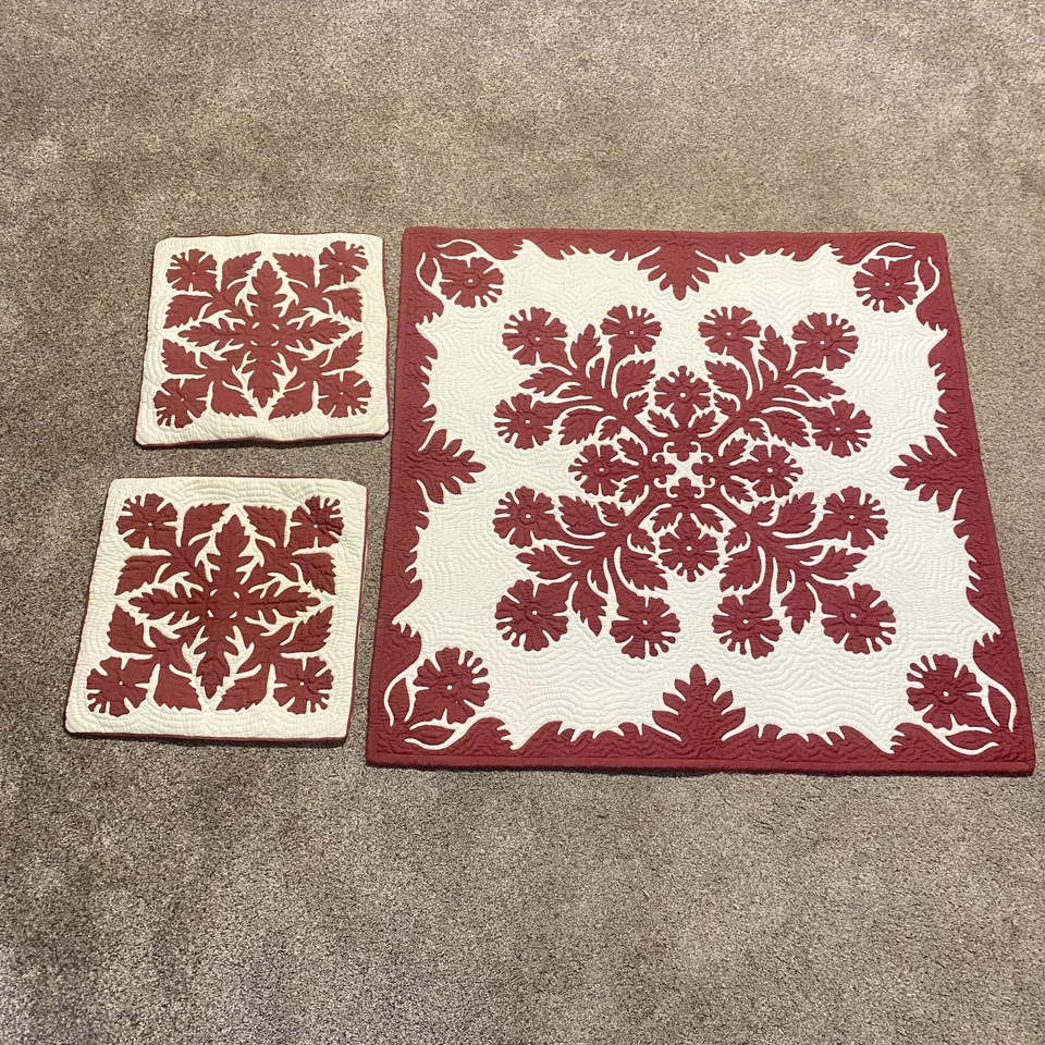 Hawaiian Hibiscus Quilt Throw Wall Hanging Baby & 2 Pillows Covers Burgundy  - Image 1 of 4