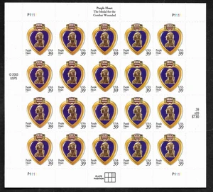 PURPLE HEART 2006 US #4032 MEDAL FOR THE COMBAT WOUNDED 39c STAMP SHEET P#P1111 - Picture 1 of 2