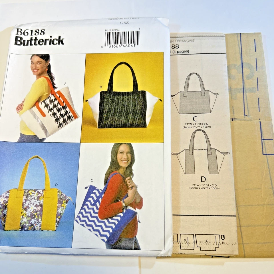 Butterick B6188 4 variations totes market bags snap or zipper closure NIP UNCUT - Image 1 of 4