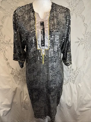 "Vestido transparente vintage completo de lentejuelas negro plateado estilo Art Deco cambio 20"" PTP mediano" Foto 1 de 4