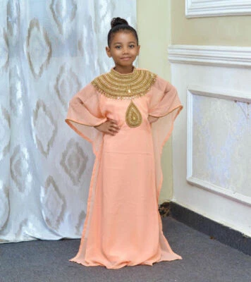 Peach Georgette Party Gown Stylish  Kaftan Long Moroccan Kids Dress NEW Wedding - Image 1 of 3