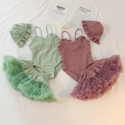 1-10Y Baby Girl Strap Swimwear Princess Suspender Pearl Swim Suit with Cap Dress - Image 1 of 4