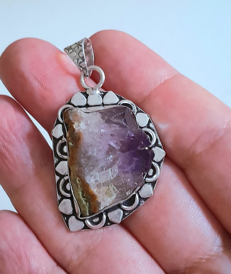 PENDENTE AMETISTA NATURALE, ARGENTO 925 LAVORATO, GRANDE CIONDOLO AMETISTA DRUZY - Immagine 1 di 4