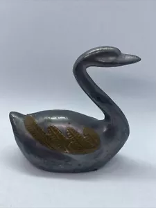 Vintage Heavy Pewter Swan w/ Brass Wings Figurine Statue - Duck Decoy - Small - Picture 1 of 5