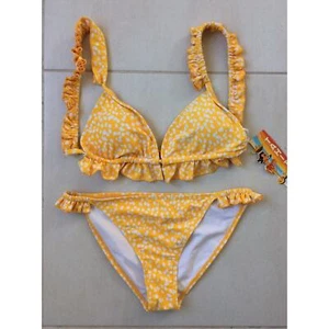 Tahiti Swim Women L Bikini Swimwear Multicolor Print Ruffled Swimsuit Yellow NWT - Picture 1 of 10