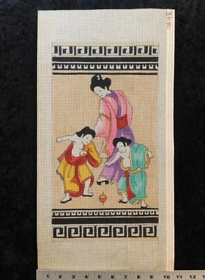 ASIAN WOMAN & CHILDREN PLAYING Hand Painted Needlepoint Canvas! 14 Mesh! 8x15" - Image 1 of 4