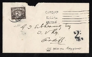 GROSSBRITANNIEN GEORGE FÜNFTER FDC PORTO FÄLLIG CARDIFF TAFF VALE EISENBAHN 1914 - Bild 1 von 2