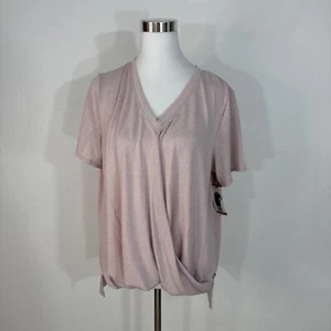 Calvin Klein Top Womens XL Pink V Neck Ruched Front Short Sleeve Knit Stretch NW - Picture 1 of 14