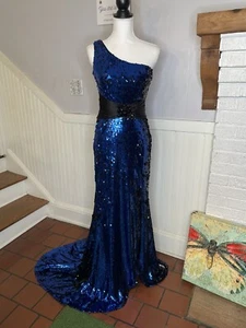Off shoulder royal blue black sequin prom gown, homecoming dress, pageant, train - Picture 1 of 23
