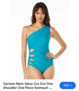 NWT Carmen Marc Valvo Cut Out One Shoulder One Piece Swimsuit Capri Blue size 6 - Picture 1 of 7