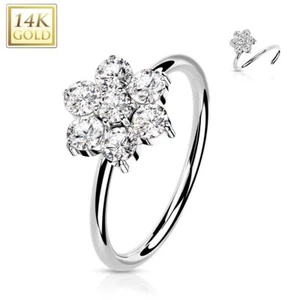 Piercing Naso Anello Oro Bianco 14 Carati Fiore Zirconio Bianco - Foto 1 di 1