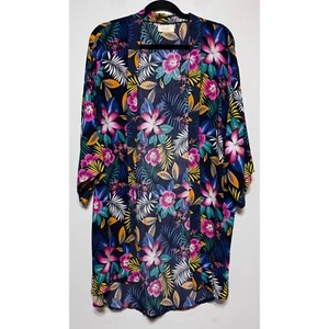 Riah Boho Tropical Navy Kimono OS Festival Cover Up Maximalist Coastal Vacation - Bild 1 von 5