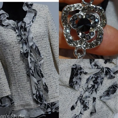 CHAQUETA ST JOHN COUTURE TWEED con volantes de gasa negra/crema/: talla 12 Foto 1 de 4