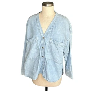CHLOE STORA Paris Blau Chambray Baumwolle Leinen Button Down Top Damen Gr. 40 L - Bild 1 von 7