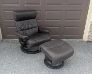 Ekornes Stressless Brown Leather Large Savannah Swivel Recliner Chair Ottoman - Picture 1 of 18