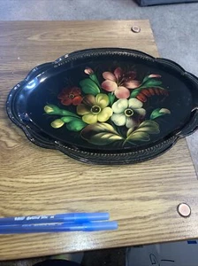 Russian Hand Painted Black Tole Tray , Floral Design 12.5”x9.5” Vintage #1 - Picture 1 of 4