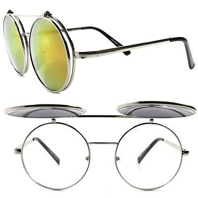 Óculos de sol flip-up redondo steampunk lente espelhada amarela urbana inspirado em Django - Imagem 1 de 4