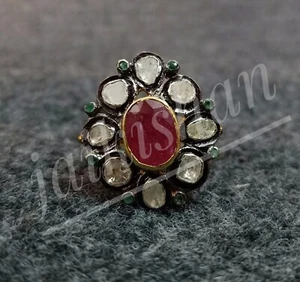 Elegante Rubí Piedra Preciosa Esmeralda 925 Estornino Plata Polki Mujeres Aro De - Imagen 1 de 8