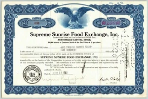Vintage 1951 Stock Certificate "Supreme Sunrise Food Exchange" New York - Picture 1 of 2