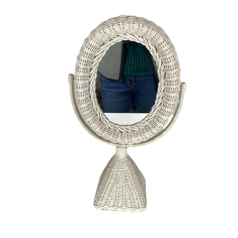 Vintage Wicker Mirror Tabletop Makeup Vanity Dresser Shaving Swivel 17" Shabby Cover