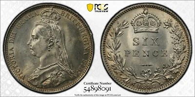 GREAT BRITAIN 6 Pence 1887, PCGS UNC Details, Cleaned, Nice Luster, Jubilee. R9 - Image 1 of 3