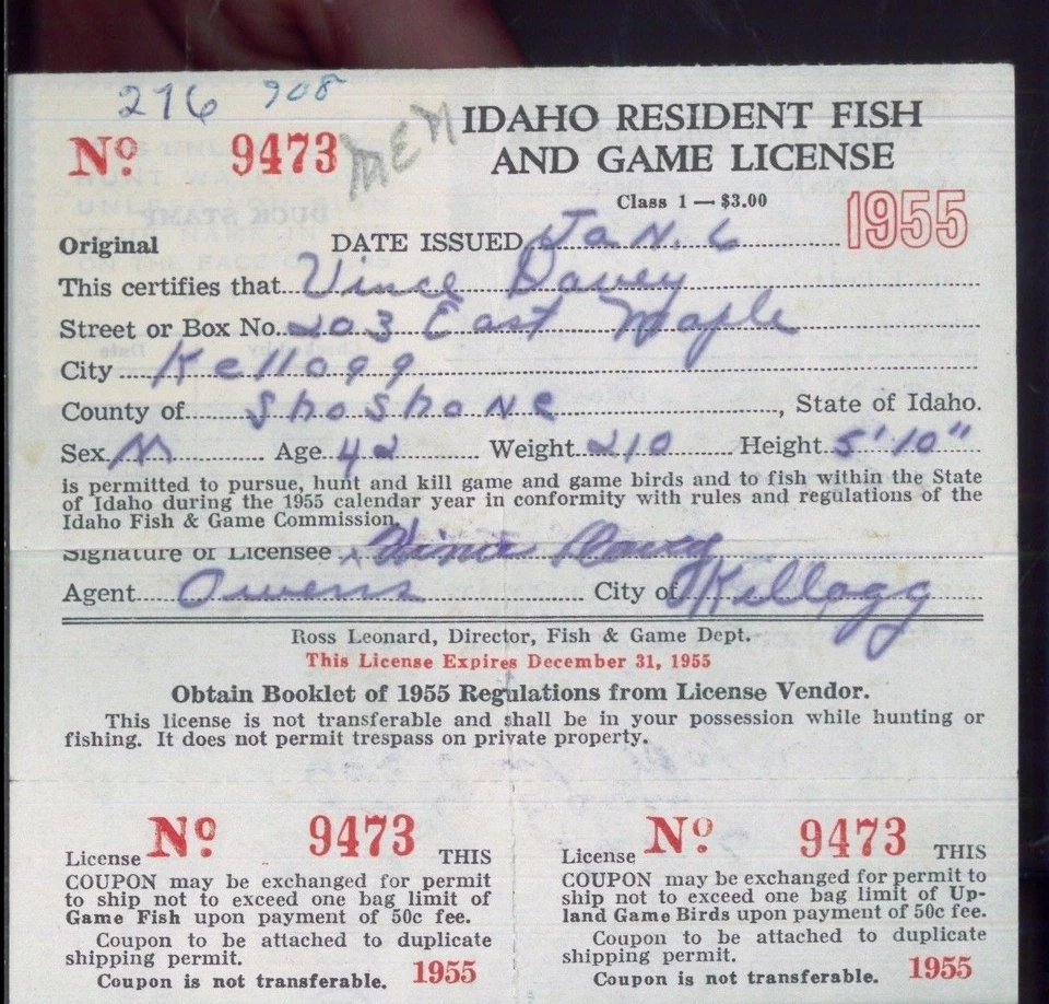 IDAHO DUCK STAMP RW23 (used) On 1956 Hunting/ Fishing License  - 12 - Image 1 of 2