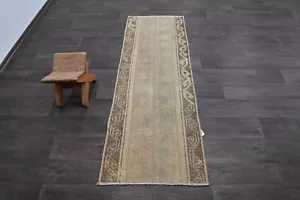 Vintage Turkish Runner Rug 2x6ft Wool Anatolian Handmade Hallway Oushak BEIGE - Picture 1 of 9
