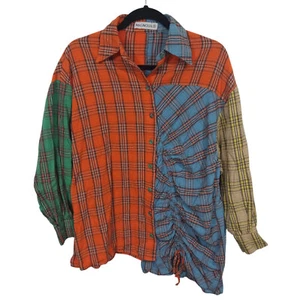 Magnolia Womens Top Size S Button Up Tunic Patchwork Ruched Artsy Multicolor - Picture 1 of 5