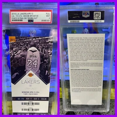 4/13/2016 Kobe Bryant Final NBA Game FULL TICKET 60 Points Mamba Out PSA 9 Mint - Image 1 of 4