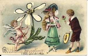 Postales victorianas brillantes de 1904, saludos de cumpleaños europeos sin usar - Imagen 1 de 2