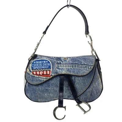 Auténtico Bolso de Mano DIOR/ChristianDior Doble Sillín Azul Rojo Multi Lona Cuero Foto 1 de 4