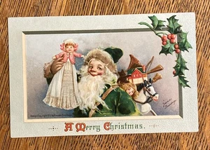 SANTA Green Suit Hat DOLLS Toys CHRISTMAS Vtg Antique Signed Brundage Postcard! - Picture 1 of 3
