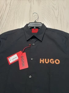 NEW! Hugo By Hugo Boss Men’s Front Logo M Black Short Sleeve Button Up - Picture 1 of 4