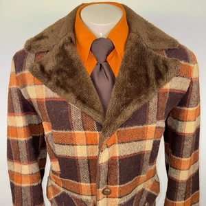 Giacca vintage anni 60 70 Towncraft trench pea coat plaid pelliccia sintetica pappone mod uomo media - Foto 1 di 18