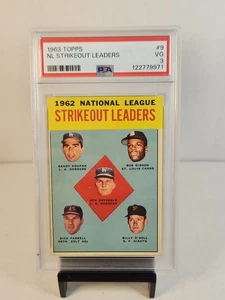 1963 Topps #9 NL Strikeout Leaders Sandy Koufax Bob Gibson Drysdale PSA VG 3 HOF - Picture 1 of 6