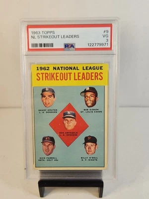 1963 Topps #9 NL Strikeout Leaders Sandy Koufax Bob Gibson Drysdale PSA VG 3 HOF - Image 1 of 4